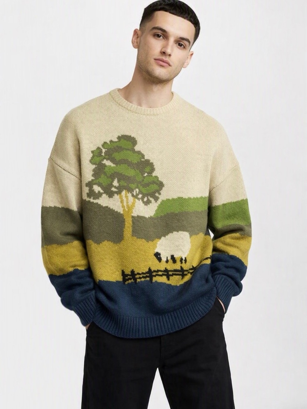 ASOS Crewneck Sweater Landscape Scene Sheep Tree Sweater XS